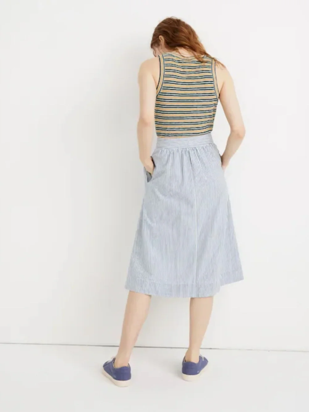 Madewell Palisade blue white striped tie button-front midi skirt, size 2